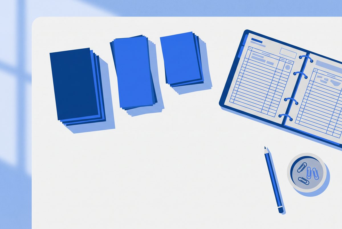 An editorial illustration of a desk stacked with dated bank statements being sorted into monthly piles beside an open ledger.