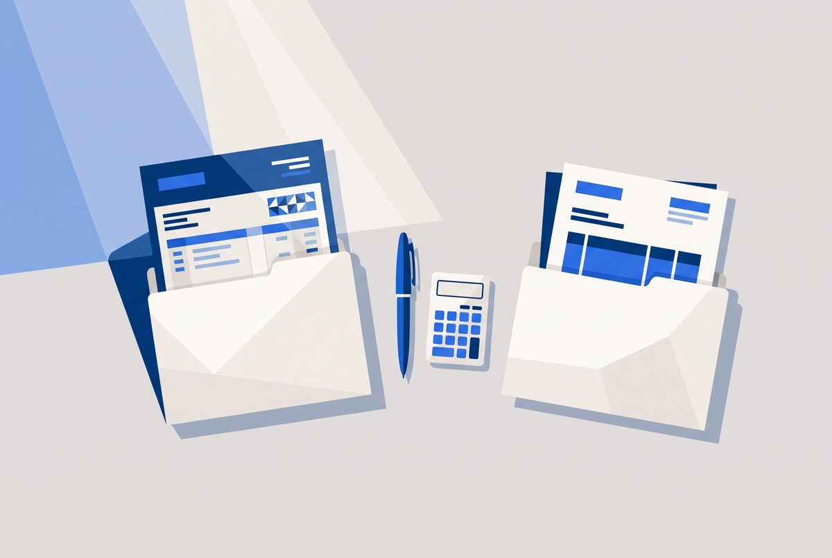 An editorial illustration of two folders on a desk, one holding a payroll stub and the other an invoice, with a pen resting between them.