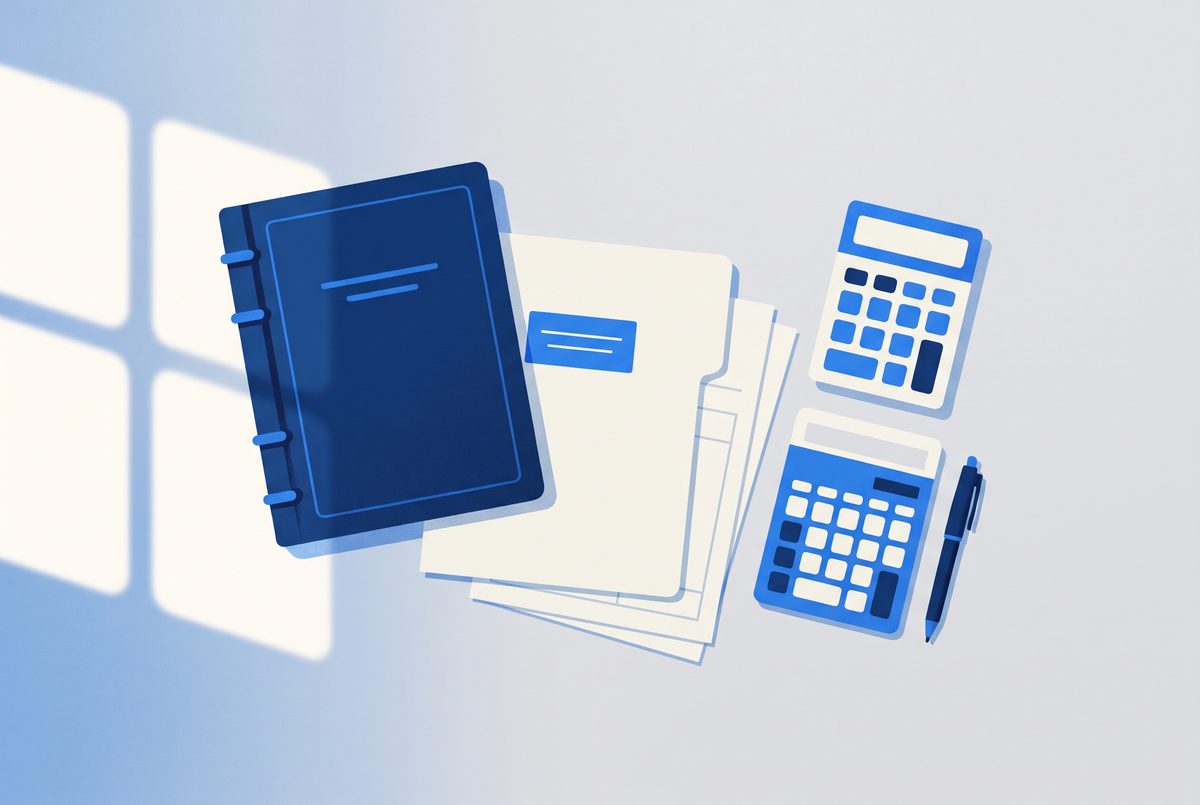 An editorial illustration of a desk with a closed ledger, a short stack of bank statements in a folder and a calculator beside a pen.