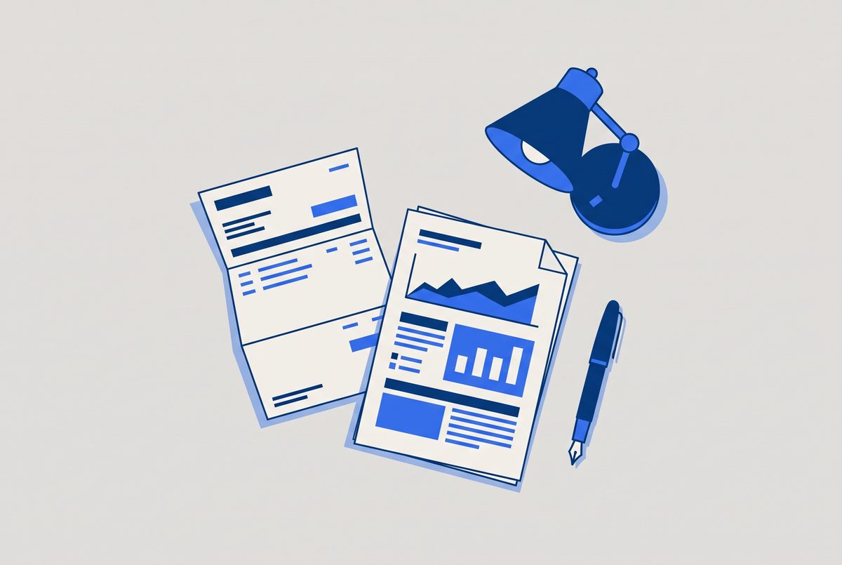 An editorial illustration of a desk with a bank statement, a printed report and a pen laid side by side under a lamp.